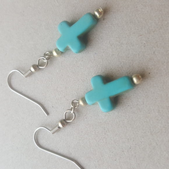 Turquoise Cross Earrings Western Boho Antiques Stone Howlite - Picture 2 of 8